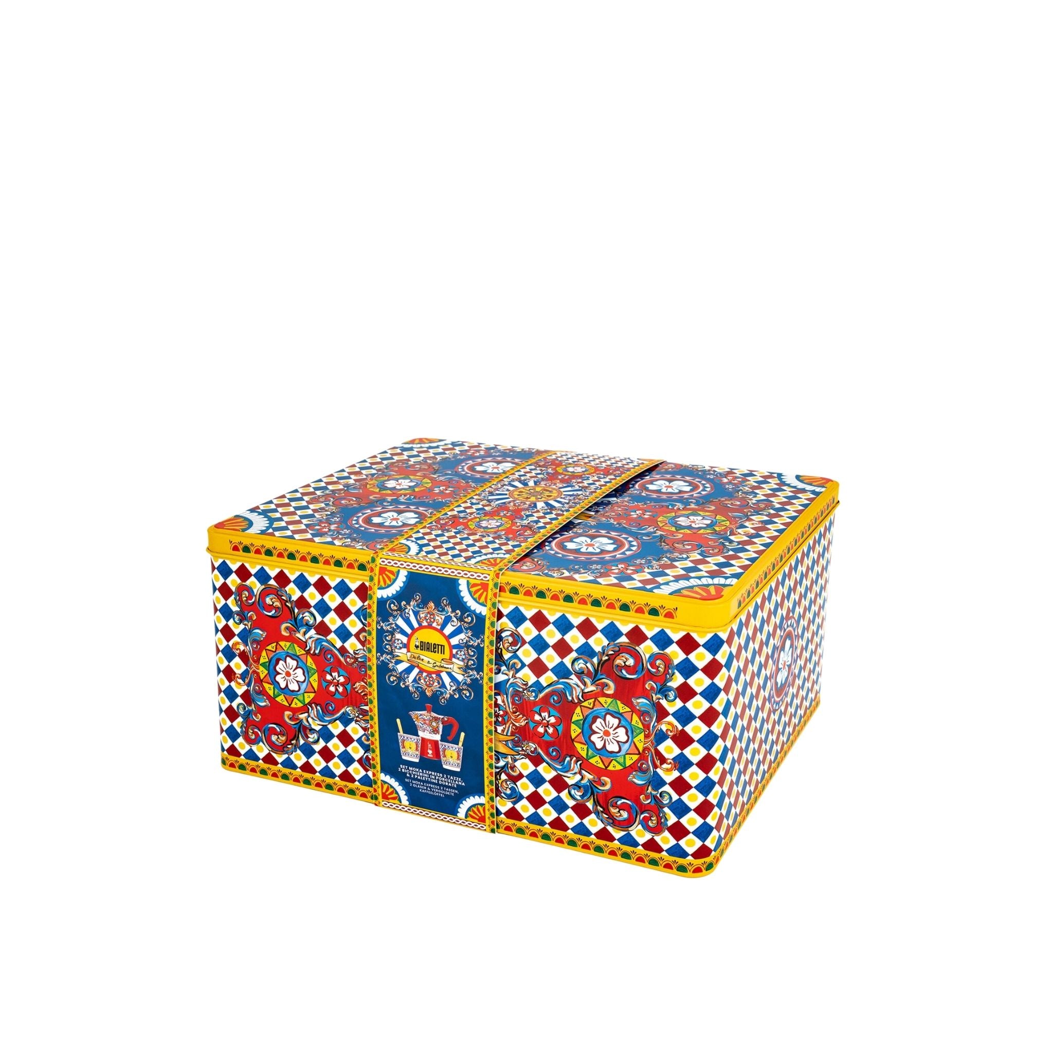 Boîte Moka small +2 tasses en porcelaine et 2 cuillères dorées Bialetti Dolce Gabbana Casa