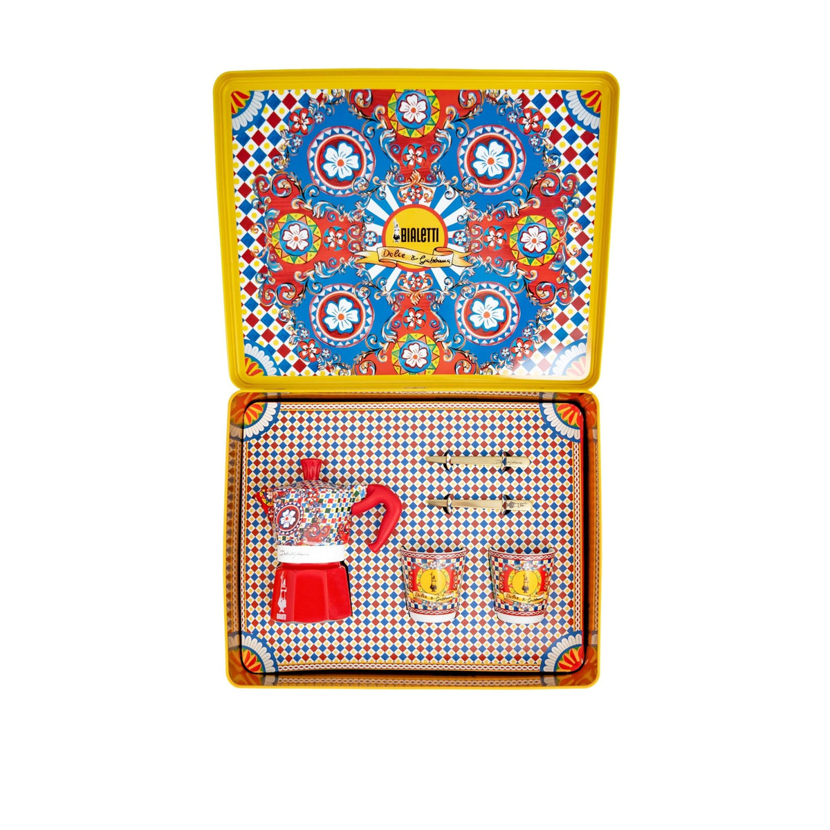Boîte Moka small +2 tasses en porcelaine et 2 cuillères dorées Bialetti Dolce Gabbana Casa