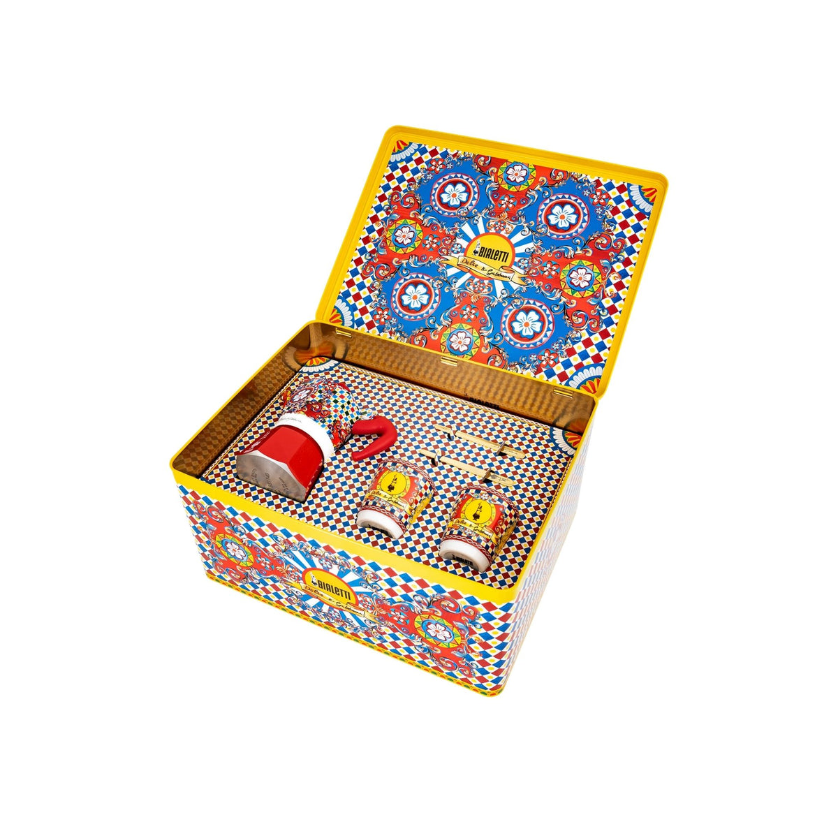 Boîte Moka small +2 tasses en porcelaine et 2 cuillères dorées Bialetti Dolce Gabbana Casa