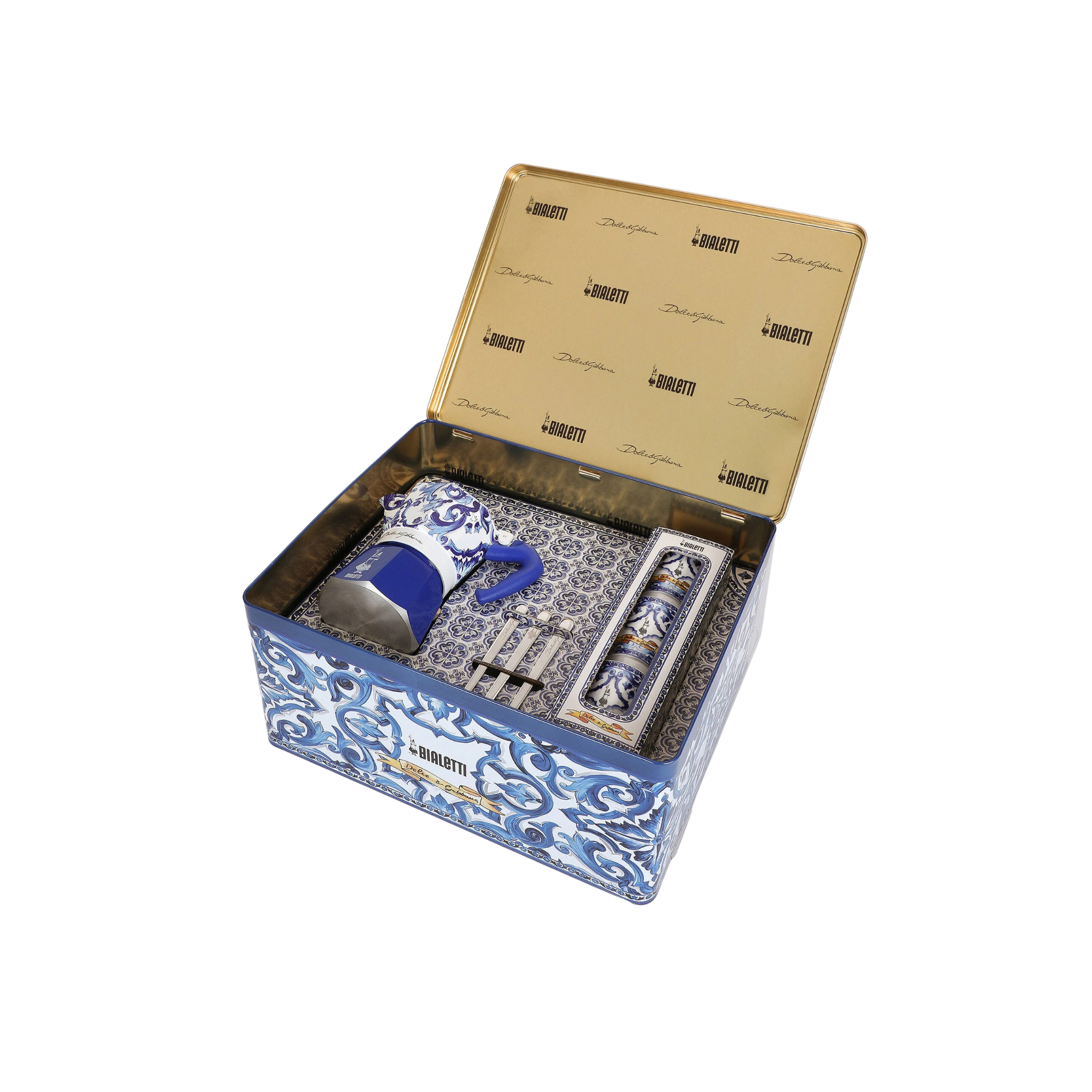 Boîte Moka Bialetti avec 3 tasses et 3 bâtonnets argentés de Dolce & Gabbana