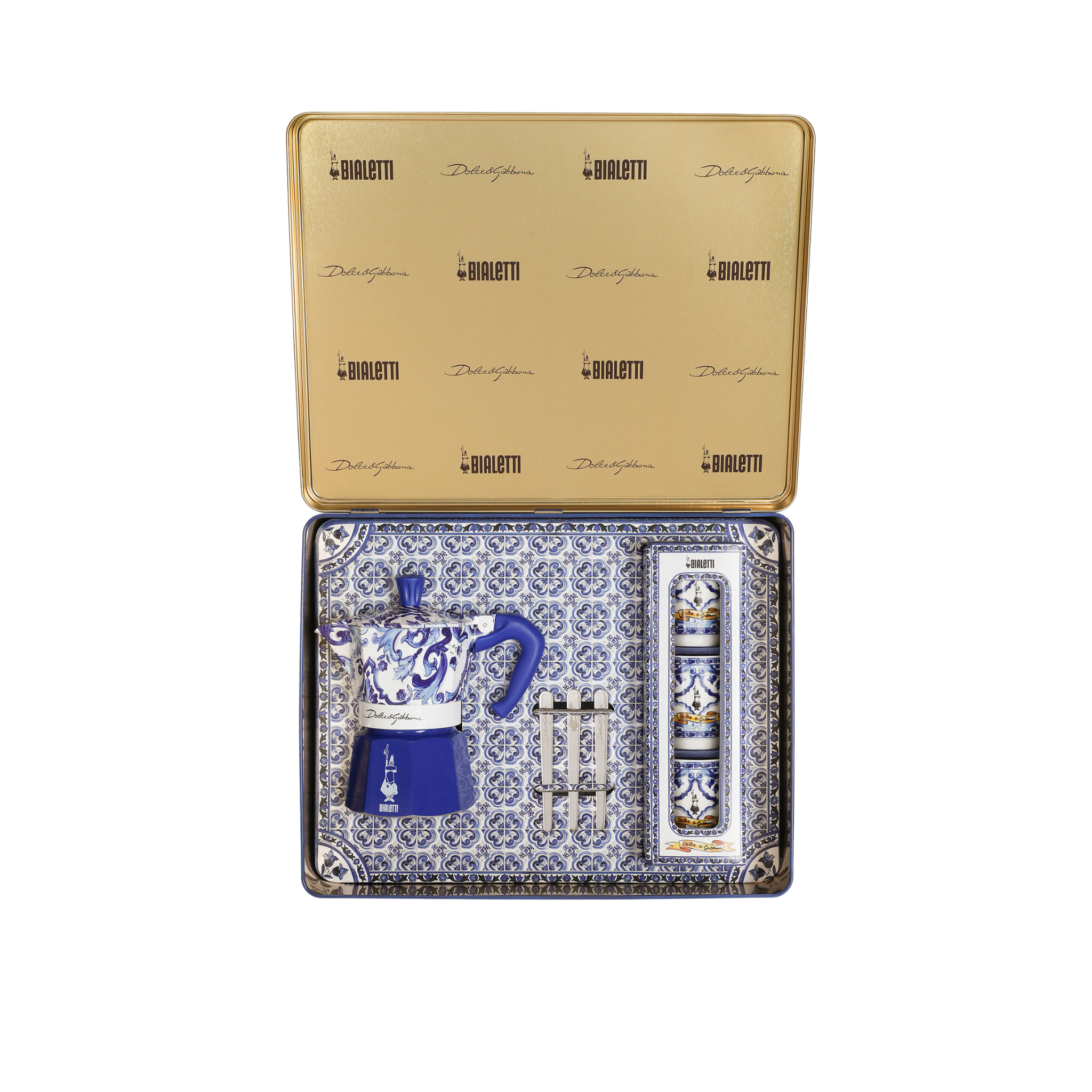 Boîte Moka Bialetti avec 3 tasses et 3 bâtonnets argentés de Dolce & Gabbana